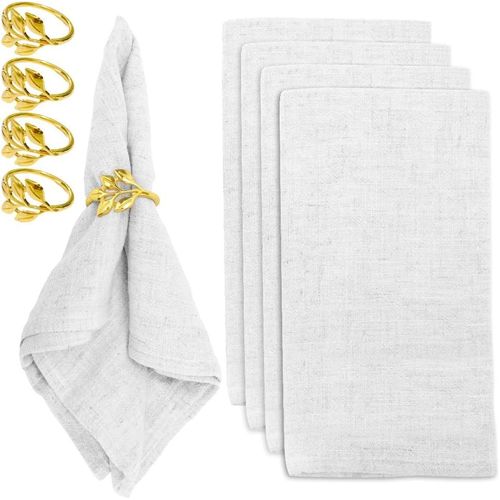 Eryi-Lot De 8 Serviettes De Table En Tissu Et Anneaux De Serviette En Coton - Pour Un Usage Quotidien - Cuisine - Maison - Nol - Fte - Mariage - 40 X 40 Cm - Blanc