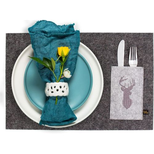 Eryi-Magnifique Ensemble De 4 Sets De Table En Feutre Gris Fonc Avec Noble Sac  Couverts Brod Motif Cerf, Lavable. Set De Table Design Carr Pour L'intrieur Et L'extrieur