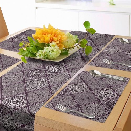 Eryi-Mandala Chemin De Table & 4 Pices Napperons, Vintage Ethnique Design Carr Cadre Vintage Henn Art Motif, Set De Table, 180 X 40 Cm, Aubergine-Blanc