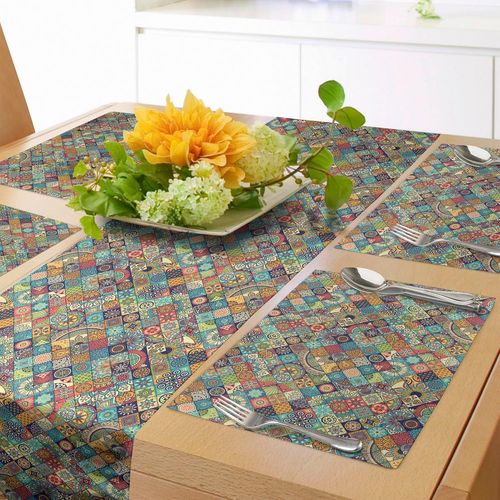 Eryi-Marocain Chemin De Table & 4 Pices Napperons, Fleurs Ethniques Arrangement Floral labor Motif Oriental Feuillage Motif, Ensemble De Dcoration De Table, 180 X 40 Cm, Sarcelle Rouge Vert