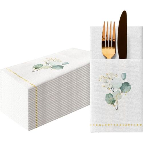 Eryi-Paw Serviette De Table Papier - Airlaid (1/8 Pocket) I Feuilles, Eucalyptus, Or I Dcoration Anniversair, Mariage, Bapteme Garcon Et Fille I Structure En Tissu I Color: Golden Eucaliptus
