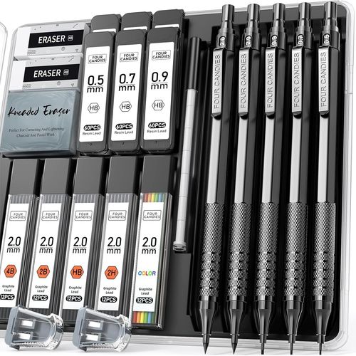 Eryi-Porte-Mines En Mtal, 3 Crayons  Papier 0.5, 0.7, 0.9mm & 2 Crayons  Papier 2mm Avec 420 Mines (4b 2b Hb 2h Color) Pour L'criture, Le Croquis Et Le Dessin (Noir)