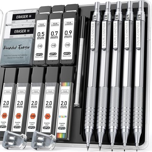 Eryi-Porte-Mines En Mtal, 3 Crayons  Papier 0.5, 0.7, 0.9mm & 2 Crayons  Papier 2mm Avec 420 Mines (4b 2b Hb 2h Color) Pour L'criture, Le Croquis Et Le Dessin (Silver)