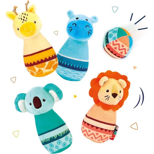 Eryi-- Quilles Tissu - Jouet D'veil - Jeu De Bowling - Matire Douce - Stable - Silencieux - Ds 10 Mois - 1 Balle Et 4 Quilles Lestes - 1 Lion, 1 Hippopotame, 1 Koala, 1 Girafe - 6 X 6 X 14 Cm