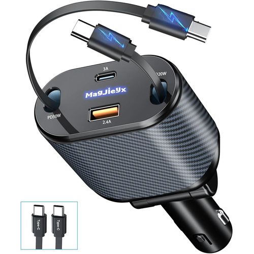 Eryi-Rtractable Chargeur Voiture, 80w Chargeur Allume Cigare Usb C (Cble Double Type C, Port Usb-A/C), 4 En 1 Charge Rapide Com[729]