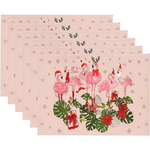 Eryi-Set De Table De Nol, Table Lavables, Sets Table Pour Petit Djeuner 45x30 Cm, Dcoration De Table, Sets De Table Imprims En Coton Et Lin Pour Fte (6 Sets De Table Flamant Rose)