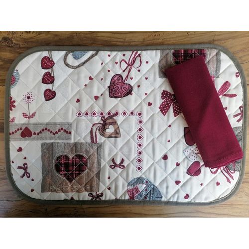 Eryi-Set De Table Matelass Avec 1 Serviette, Motif Shabby C?Urs Rouges 100 % Coton, Fabriqu En Italie.