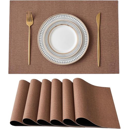 Eryi-Sets De 6 Table Lavable Rectangulaire 45 X 30 Cm Set Couverts De Table Cuir Napperons Antidrapant Double Face Pvc Rsistants  La Chaleur Pour Table De Cuisine Et Restaurants (Brun)