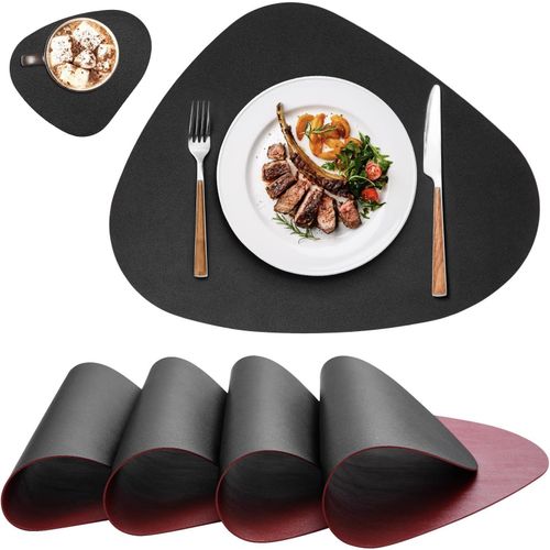 Eryi-Sets De 6 Table Lavable,Set Couverts De Table,Dessous De Table,Cuir Antidrapant Double Face Impermables Set Table Et Dessous De Verre,Set De Table Lavable Chaleur Rsiste(Noir Rouge)