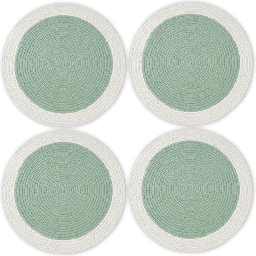 Eryi-Sets De Table Ensemble De 4 | Sets De Table Ronds En Coton - Diamtre 33 Cm | Sauge Et Blanc Cass | Style Ctel Fait  La Main