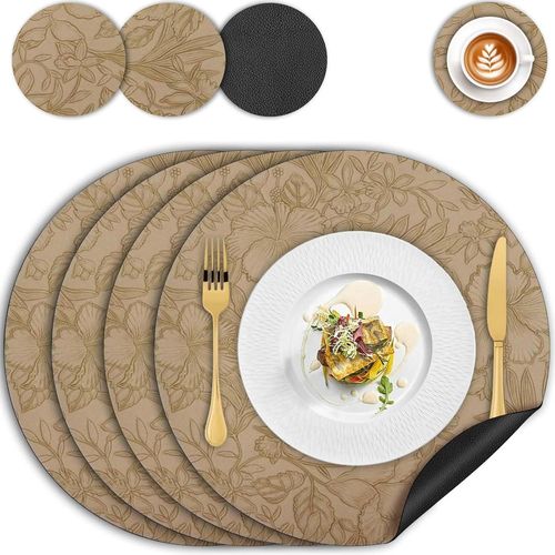Eryi-Sets De Table Lot De 4, Set De Table Rond Cuir Et Dessous De Verre, Set Table Lavable Impermables 3434cm, Dessous De Table Antidrapant Double Face Rsistant  La Chaleur, Pour Enfant, Beige N