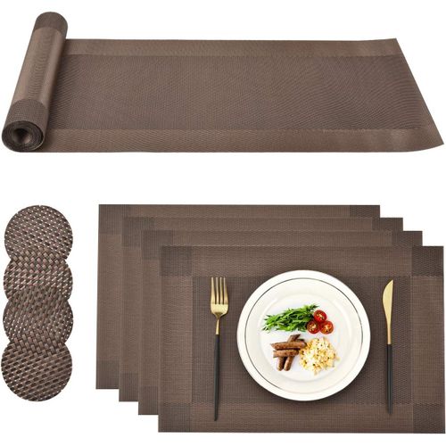 Eryi-Sets De Table Pvc Lavable, Ensemble De Tapis De Table  Manger Indchirable Rsistant  La Chaleur, 4 X Sets De Table 4 X Sous-Verres Et 1 X Chemin De Table Pour Cuisine (Marron)