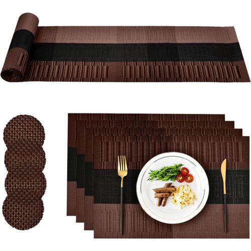 Eryi-Sets De Table Pvc Lavable, Ensemble De Tapis Table  Manger Indchirable, 4 X Sets De Table 4 X Sous-Verres Et 1 X Chemin De Table