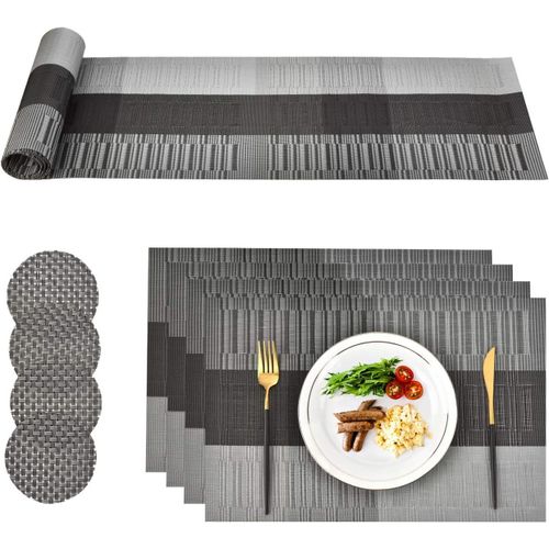 Eryi-Sets De Table Pvc Lavable, Ensemble De Tapis Table  Manger Indchirable, 4 X Sets De Table 4 X Sous-Verres Et 1 X Chemin De Table(Gris Noir)
