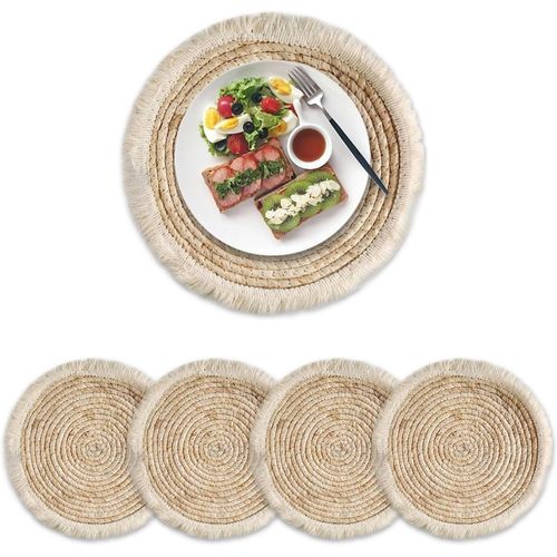 Eryi-Sets De Table Ronds Tresss, Table En Jonc De Mer Naturel, Sets De Table Rond En Rotin, Antidrapant, Rsistant  La Chaleur, Pour Table, Cuisine, Lot De 4