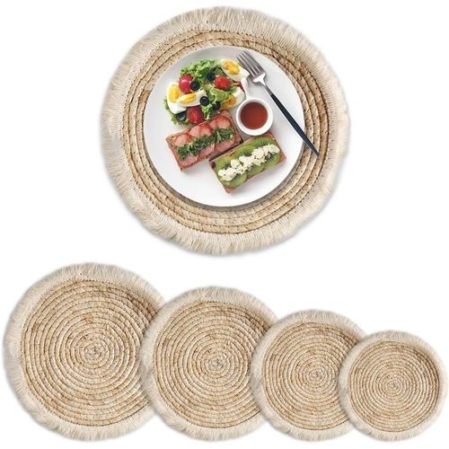 Eryi-Sets De Table Ronds Tresss, Table En Jonc De Mer Naturel, Sets De Table Rond En Rotin, Antidrapant, Rsistant  La Chaleur, Pour Table, Cuisine, Lot De 4