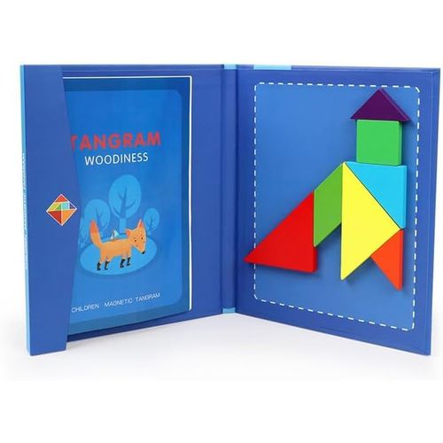 ERYI-Tangram En Bois Magntique, Jeu De Puzzle, Jouets En Blocs De Construction, Jeu De Voyage, Exercice Mental, Livre De Qi Avec Solutions, Jouet ducatif Pour Enfants, Pour 3 4 5 6 Ans. (Bleu)