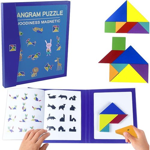 ERYI-Tangram Enfant,Tangram Magntique,Livre De Puzzle Tangram En Bois,Gomtrique Formes Tangram De Puzzle Jeux De Panne Avec Solution,Puzzle De Jeux De Voyage Pour 3 4 5 6 Ans Jouets Educatifs