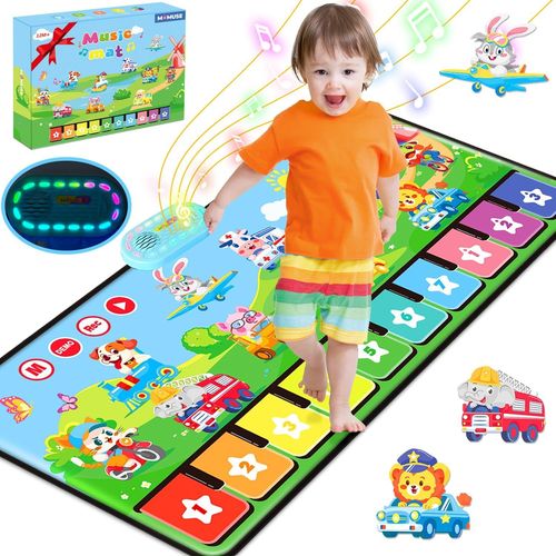 ERYI-Tapis Musical 1 An Avec 80 Sons, Grand Piano Enfant Avec 10 Animaux Et 10 Voitures, Lumire Douce, Rglage Du Volume  10+ Niveaux, Jouet Bebe 1 An Cadeau Garons Filles 1 2 3 Ans (110Cm*45Cm)