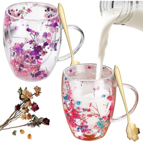 Eryi-Tasses Double Paroi Avec Fleurs Sches,2 Pices 350ml Fleurs Tasse  Th,Verre Double Paroi,Tasse En Verre Avec Fleur Sche,Tasse Double Paroi Fleurs Sches,Pour Le Th Noir,Les,Le Caf Glac
