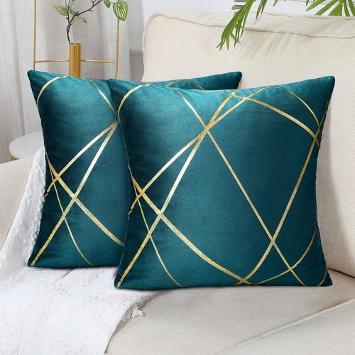 Eryi-Velours Housse De Coussin 45 X 45cm Coussin Bleu Vert Lignes Dores Dcoratifs Housses D'oreiller Gomtrie Coussin Salon Chambre Banc Auto Taie Coussin Canap Lot De 2