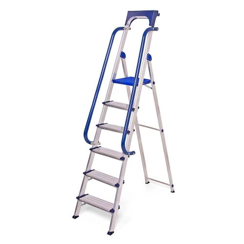 Escabeau Secure 6 Marches Robuste En Aluminium Renforc?, Avec Rampes De S?Curit? Et Tablette Porte-Outils Amovible, Hauteur De Plateforme 135cm, Charge Maximale 150kg Hostr?M
