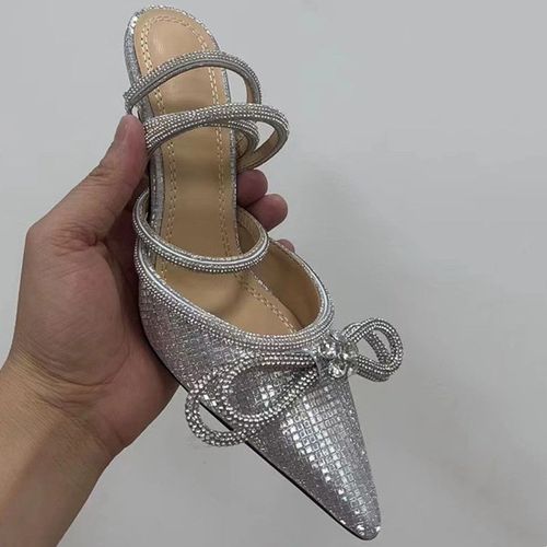 Escarpins  Biscuits Scintillants Pour Femmes,Style Piste,N?Ud Papillon En Cristal,Satin,Chaussures D't Pour Dames,Cuir Vritable,Talons Hauts,Fte,Chaussures De Rh - 38