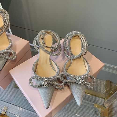 Escarpins  Biscuits Scintillants Pour Femmes,Style Piste,N?Ud Papillon En Cristal,Satin,Chaussures D't Pour Dames,Cuir Vritable,Talons Hauts,Fte,Chaussures De Rh - 38