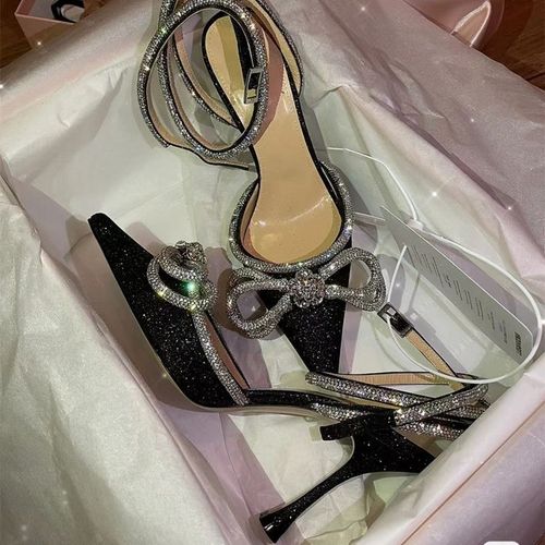 Escarpins  Biscuits Scintillants Pour Femmes,Style Piste,N?Ud Papillon En Cristal,Satin,Chaussures D't Pour Dames,Cuir Vritable,Talons Hauts,Fte,Chaussures De Rh - 39