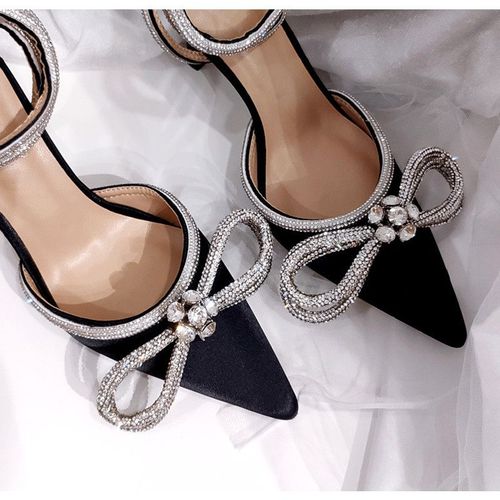 Escarpins  Biscuits Scintillants Pour Femmes,Style Piste,N?Ud Papillon En Cristal,Satin,Chaussures D't Pour Dames,Cuir Vritable,Talons Hauts,Fte,Chaussures De Rh - 37