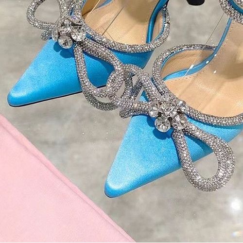 Escarpins  Biscuits Scintillants Pour Femmes,Style Piste,N?Ud Papillon En Cristal,Satin,Chaussures D't Pour Dames,Cuir Vritable,Talons Hauts,Fte,Chaussures De Rh - 37