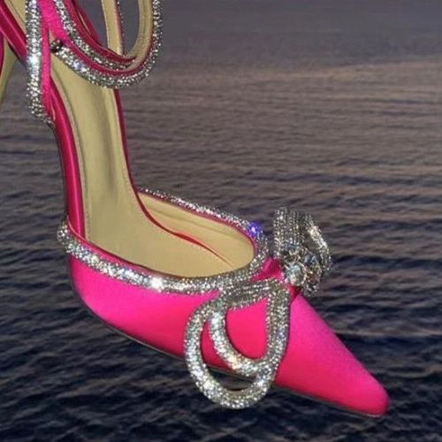 Escarpins  Biscuits Scintillants Pour Femmes,Style Piste,N?Ud Papillon En Cristal,Satin,Chaussures D't Pour Dames,Cuir Vritable,Talons Hauts,Fte,Chaussures De Rh - 38