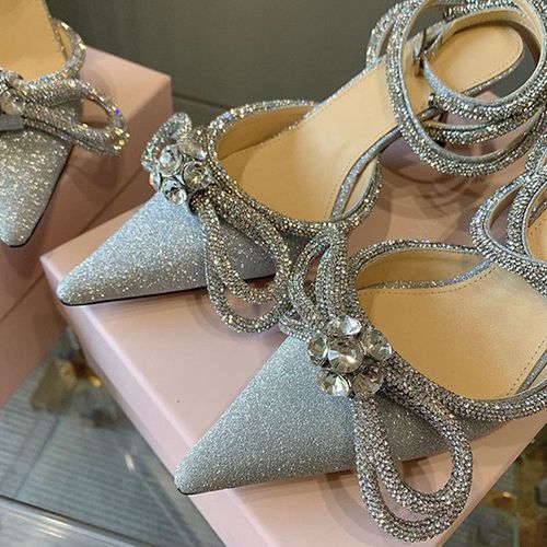 Escarpins  Biscuits Scintillants Pour Femmes,Style Piste,N?Ud Papillon En Cristal,Satin,Chaussures D't Pour Dames,Cuir Vritable,Talons Hauts,Fte,Chaussures De Rh - 35