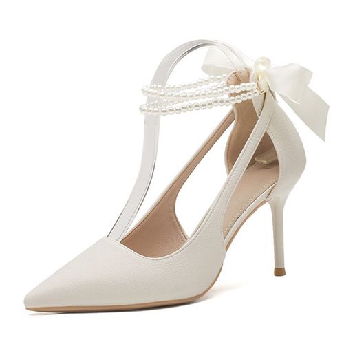 Escarpins  Perles Blanches Pour Femmes,Chaussures lgantes Avec Bride  La Cheville,En Soie,Avec N?Ud Papillon Au Dos,Talons Aiguilles Hauts,Printemps,2023 - 37