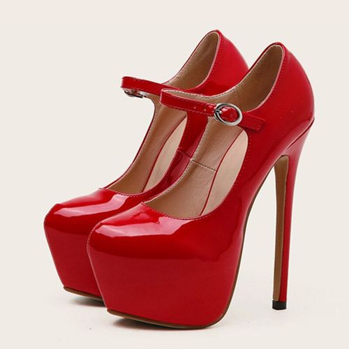 Escarpins  Plateforme En Cuir Verni Pour Femmes,Chaussures Sexy  Talons Hauts Rouges De 17cm, Bout Rond Avec Sangle  Boucle,Pour Soire De Mariage - 42