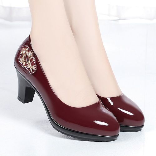 Escarpins  Talons Carrs En Cuir Pu Noir Pour Femmes,Chaussures D't Confortables,Vin Rouge,Dcontract,Europen,Mignon,Mn Round Parker,Dame,E6960 - 35
