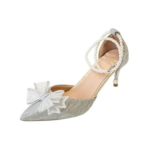 Escarpins  Talons Hauts Argents Pour Femmes,lgants,Sangles De Rinage,Chaussures De Soire,Parker Pointu,N?Ud Papillon,Chaussures De Mariage,Automne - 35