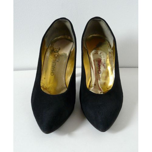 Escarpins En Daim Noir Charles Jourdan T.38,5 - 38 1/2