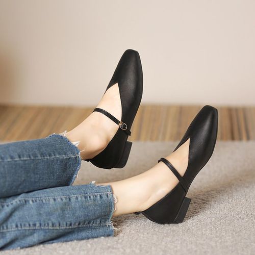 Escarpins Rtro En Cuir Microcarence Souple Pour Femme,Chaussures Simples, La Mode,Peu Profondes, Essence,Talon Bas Et Carr,03/Pumps,2023 - 34