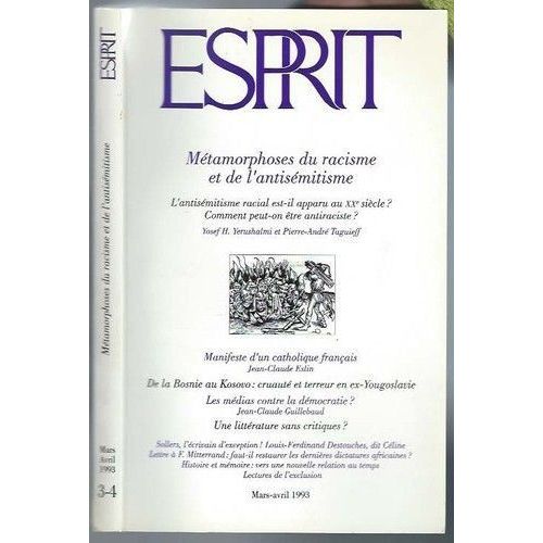 Esprit Mars-Avril 1993/ Metamorphoses Du Racisme Et De L'antisemitisme   de Esprit  Format Reli 