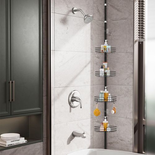 tagre De Douche Telescopique Avec 4 Paniers, Etagere Salle De Bain 85-325 Cm, tagre Douche D'angle Sans Percage Pour Salle De Bain Et Wc, Rglable En Hauteur, Mtal - Noir[Rac62404121]