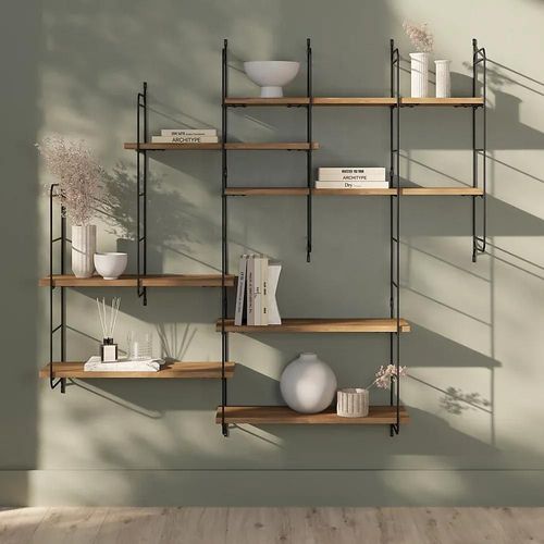 tagre Murale Modulable 7 Tablettes Et 6 chelles Effet Noyer Goodhome Rigga H. 129 X L. 140 X P. 19 Cm