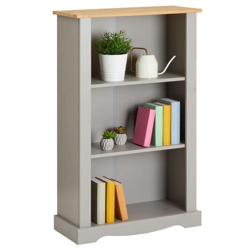 Etagre Tequila Bibliothques En Bois Style Mexicain Avec 2 Tablettes, Dim 70 X 116 X 30 Cm, En Pin Massif Lasur Gris Et Brun
