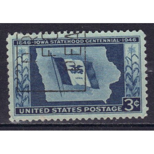 Etats-Unis D'amerique 1946 : Centenaire De L'etat De L'iowa Dans L'union : Drapeau Et Carte De L'iowa -Timbre 3 C. Bleu Sur Azur Oblitr