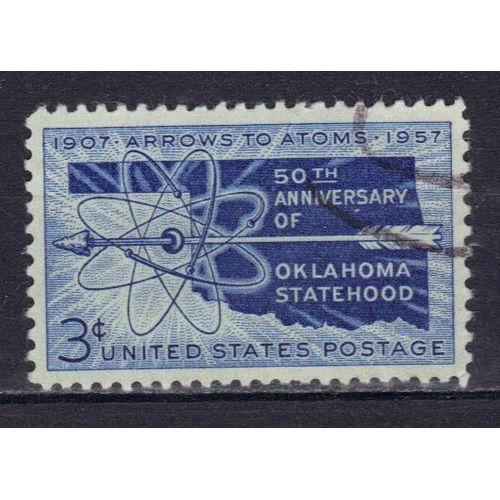 Etats-Unis D'amerique 1957 : Cinquantenaire De L'etat D'oklahoma Dans L'union : Carte Et Symbole De L'atome Avec Flche - Timbre 3 C. Bleu Oblitr