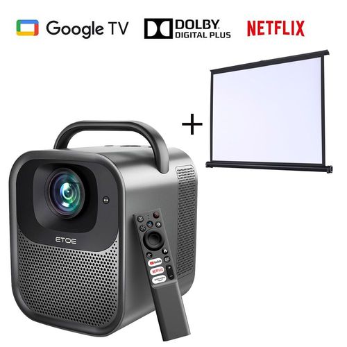 ETOE Seal Pro Projecteur LCD 1000 ANSI, 1080p natif, certifi Dolby Audio, mise au point automatique, avec cran de projection 4:3 de 50 pouces - [certifi Netflix et Google TV]