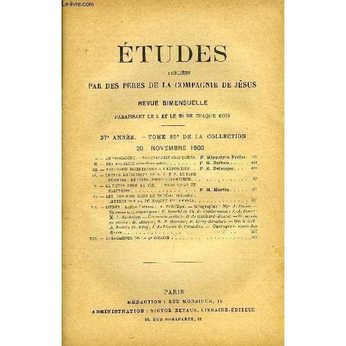 Etudes Tome 85 N 4 - Au Trocadro, Les Colonies Franaises Par P. Hippolyte Prlot, Fra Angelico (Deuxime Article) Par P.G. Sortais, Excursion Scientifique A L Exposition Par P.A. Belanger, Lettre(...)   de Collectif 