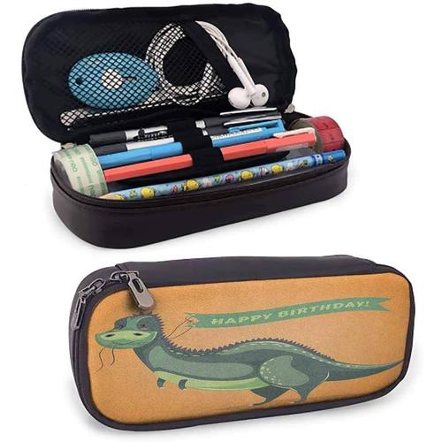 tui  Crayons En Cuir D'anniversaire Avec Fermeture clair, Style Dessin Anim Amusant, Dinosaure Tenant Un Ruban, Salutations D'anniversaire, Thme Artistique, Pochette  Crayons De Couleur