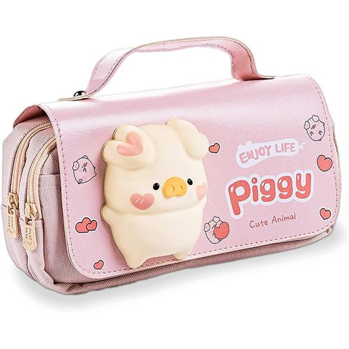 tui  Crayons, Jolie Pochette De Crayon De Cochon Rose Avec Jouet De Dcompression, Grand Sac  Crayon Portable Avec Poigne, 3 Compartiments Toile Kawaii / Avec Fermeture  Glissire / Mul