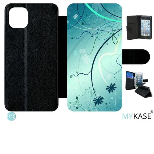 Etui  Rabat Iphone 11 Pro Max - Abstrait Turquoise Fleur - Simili-Cuir - Noir